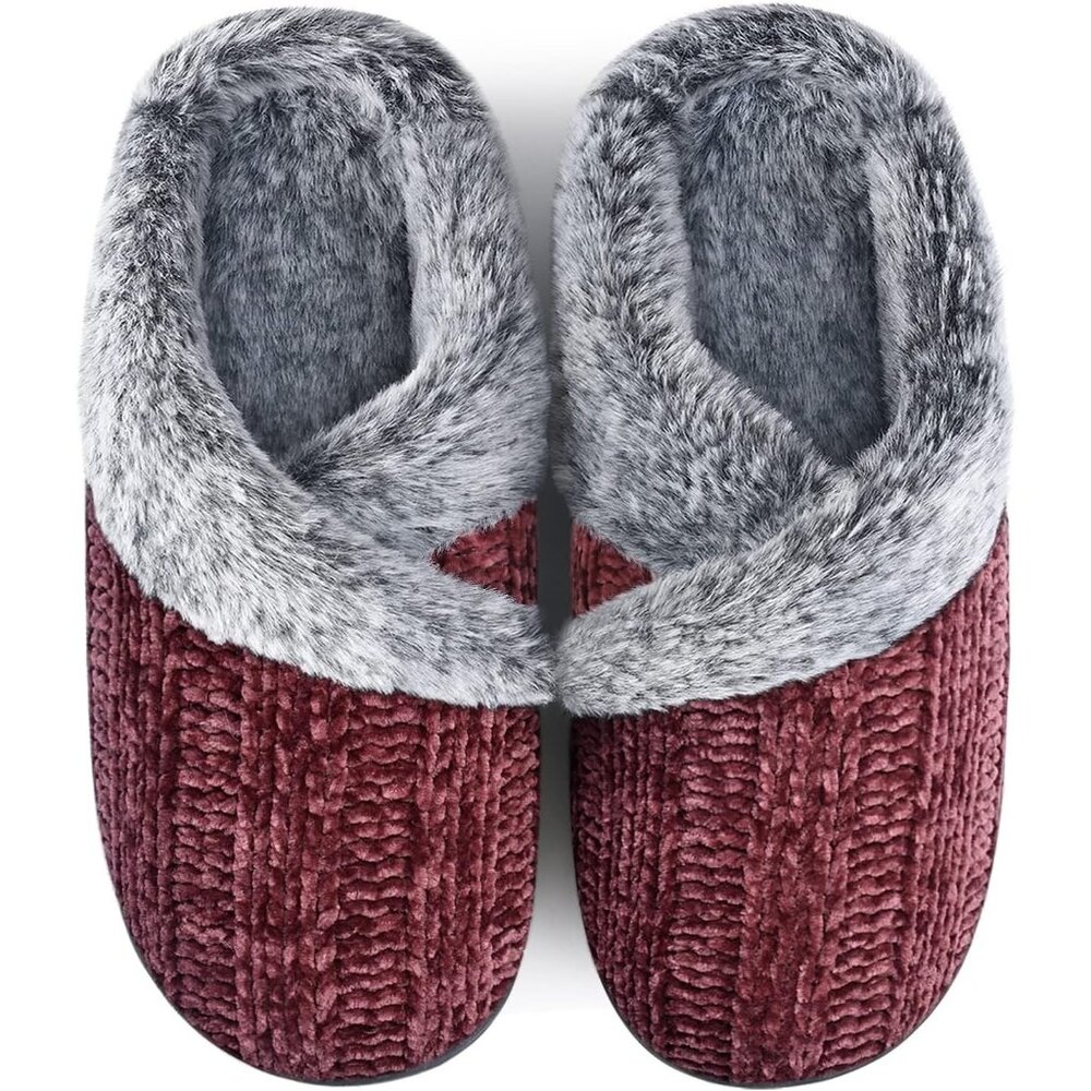 〽️Women's Wine Red Anti-Slip Furry Fleece Lined Closed Toe Slip-On Slippers